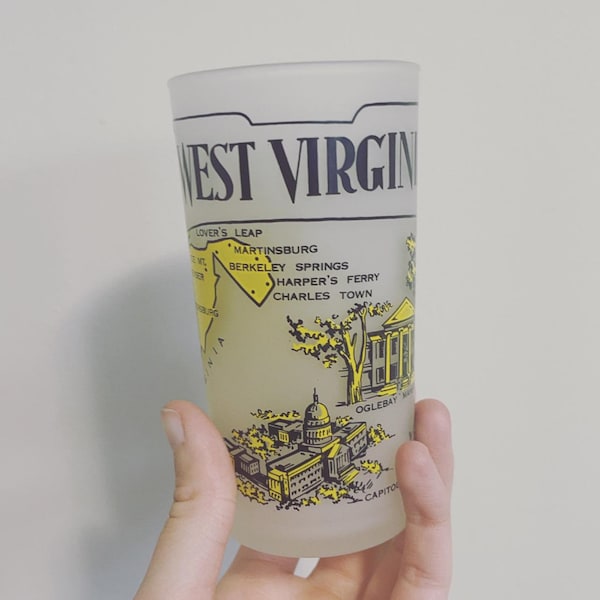 West Virginia frosted tumbler, vintage mid century souvenir cocktail glass