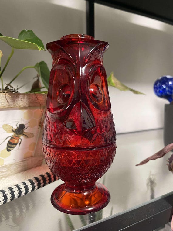 Viking Ruby Red Glass Owl Fairy Lamp, Mid Century Modern Tea Light