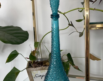 Empoli Teal Blue Hobnail Bubble Glass Genie Bottle, Italian Art Glass Vase, Mid Century Modern