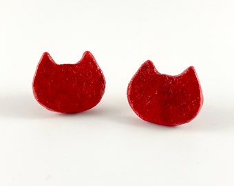 Handmade Paper Earrings - Medium Cat Studs Red