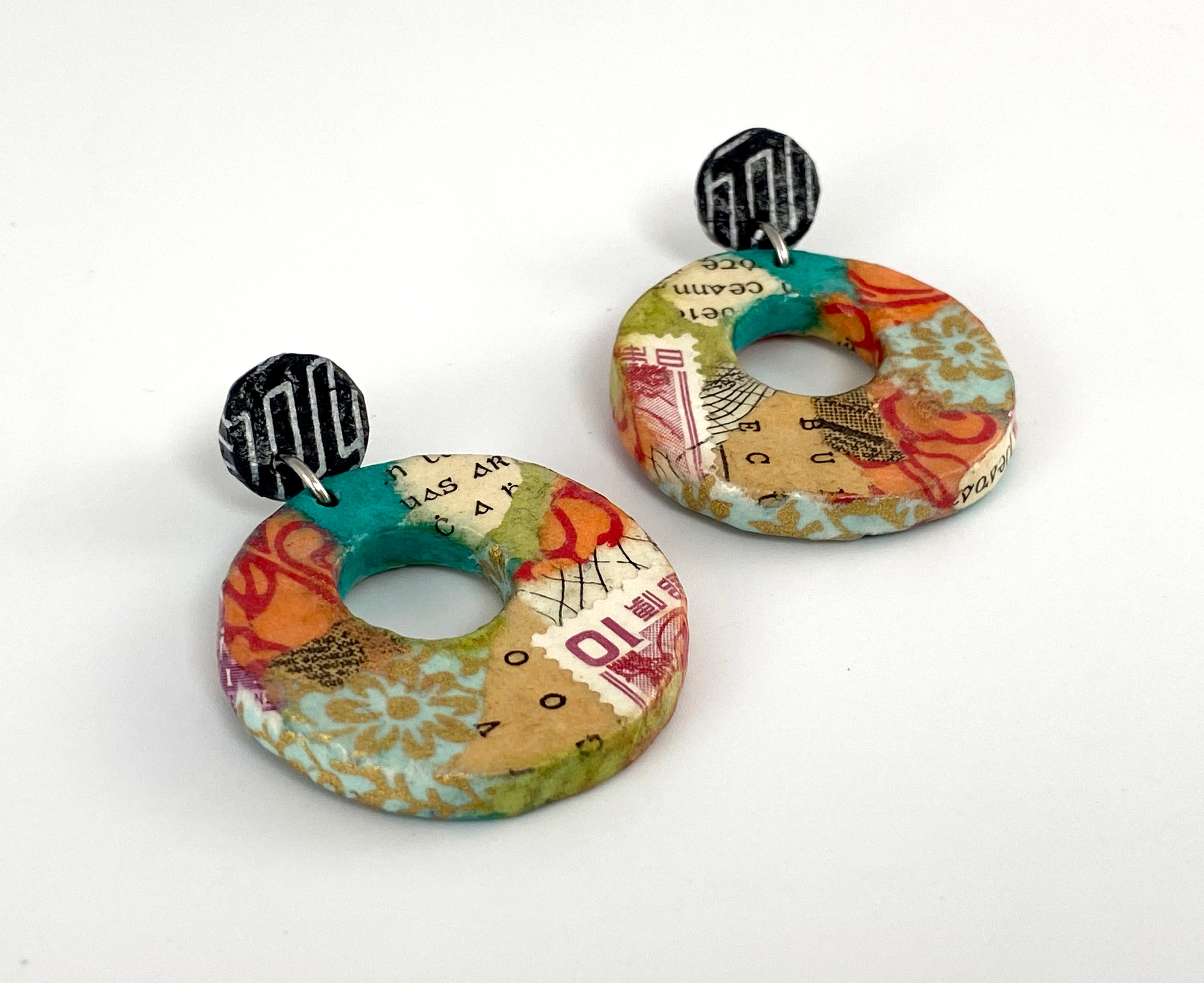 Handmade Paper Earrings Teal/Orange Collage Drop Hoop Etsy