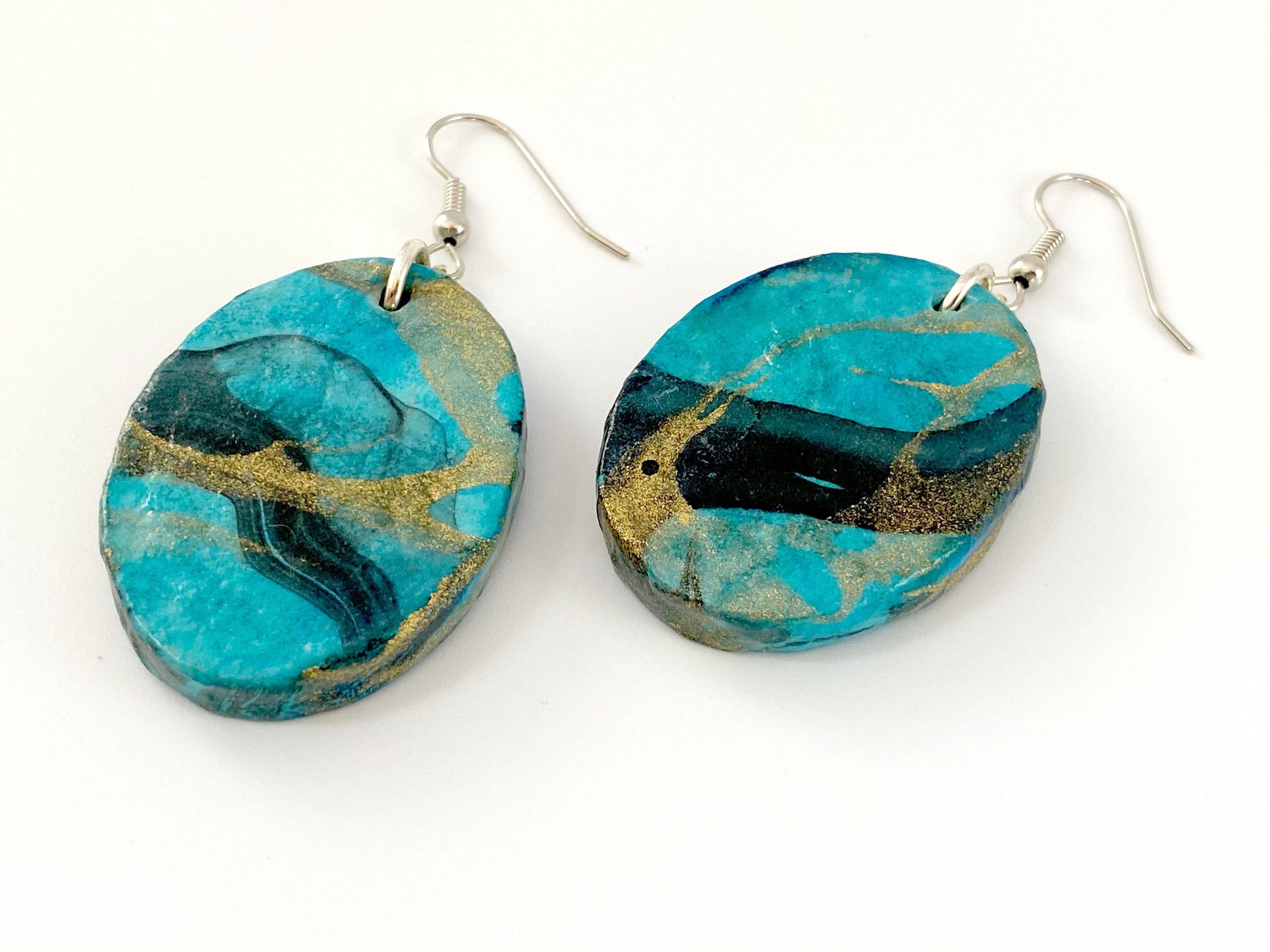 Handmade Paper Earrings Large Oval Blue and Gold Etsy