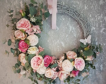 Beautiful Vintage Handmade Artificial Peony and Pink Rose Door Wreath, Wedding Nursery Wreath, Wall Hanging, Luxury