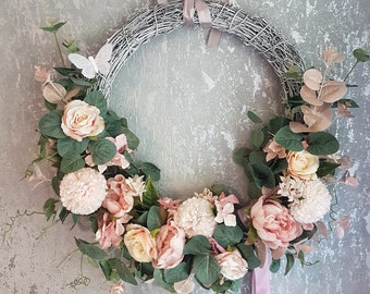 Beautiful Vintage Handmade Artificial Peony and Blush Pink Rose Door Wreath, Wedding Nursery Wreath, Wall Hanging