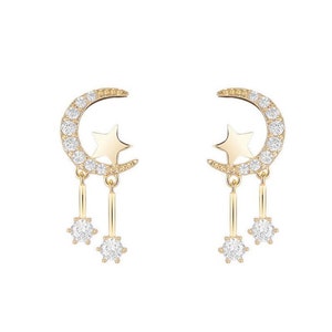 Short Gold Celestial Asymmetric Anime Cute Moon Star Earrings - Etsy