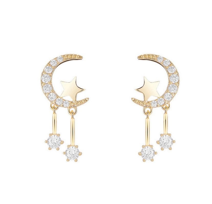 Short Gold Celestial Asymmetric Anime Cute Moon Star Earrings - Etsy
