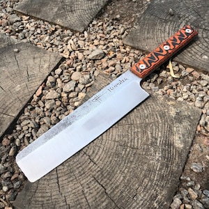 Handmade Engraved Nakiri Knife, Custom Large Butcher Knife, Japanese Kitchen Knife with Micarta Handle, Personalized Gift for Husband
