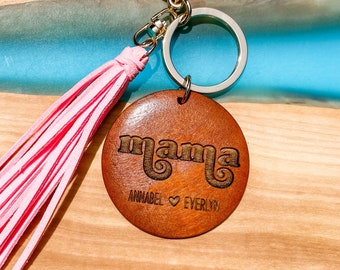 Personalized Mama Wood Beaded Keychain with Names, Gift for Mom from Son