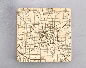 Houston, Texas Street Map Coasters | Engraved Wood Coasters | Houston, Texas Coasters Gift Set | Housewarming Gift