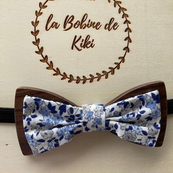 Noeud papillon Enfant  bois et imprime type liberty Leonie bleu