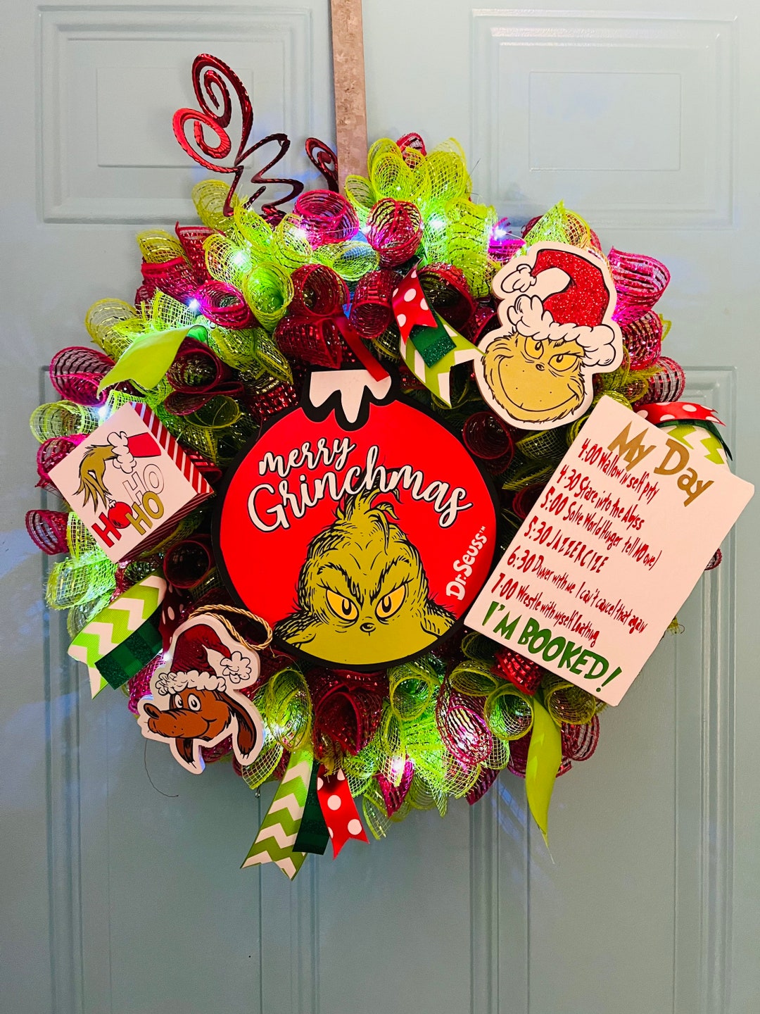 Grinch Wreath with Lights Etsy
