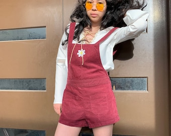 Red Corduroy Playsuit 1970s-Inspired Upcycled Hippie 1960s 60s 70s Glam Rock Daisy Overalls Romper Woodstock Summer of Love Vintage-Inspired