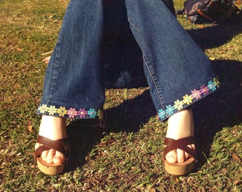Upcycled Flares Hippie Multicoloured Daisy Jeans Flares Wide Leg Size 12 16 AU Women's 1960s 1970s Inspired Flower Power