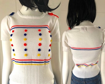 Vintage 1960s Acrylic Sweater Top White Red Yellow Blue AUS Size 10 12 Bows Knit Dots