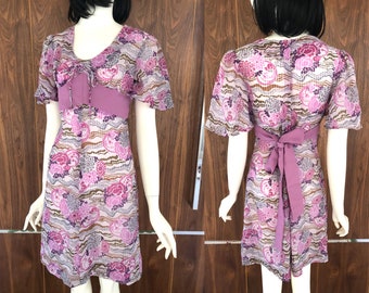 1970s Vintage Dress Angel Sleeve SSW AU Size 10 Floral Purple Lavender