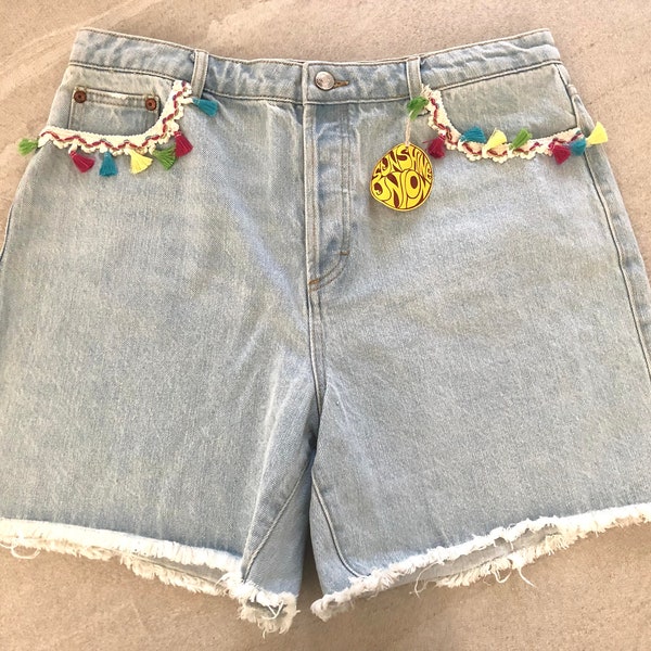 CLEARANCE DENIM DROP - Shorts 1 - Woodstock Hippie Upcycled Vintage-Inspired Denim 1960s 1970s Hand Embroidered