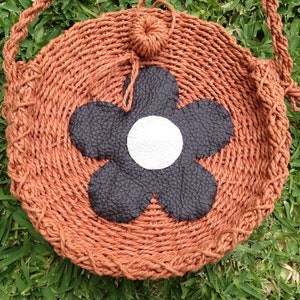 1960s Inspired Upcycled Straw Circle Bag Daisy Brown Leather Hand Sewn 1970s Hippie Boho Woodstock Crossbody Shoulder Strap