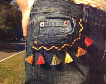 Upcycled Tassel Bootcut Jeans Talla S Mujer Hippie Boho