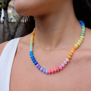 Rainbow &quot;Teddy&quot; Candy Necklace | Opal | Hand-Knotted Beaded Necklace | Multi Gemstone | Gold | Silk