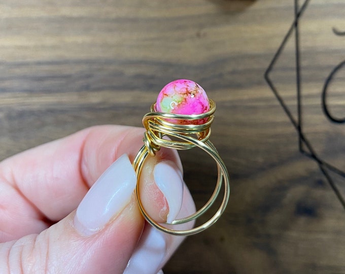 Wire Wrapped  Gemstone Bead Ring, Pink Bead Ring, Handmade Ring