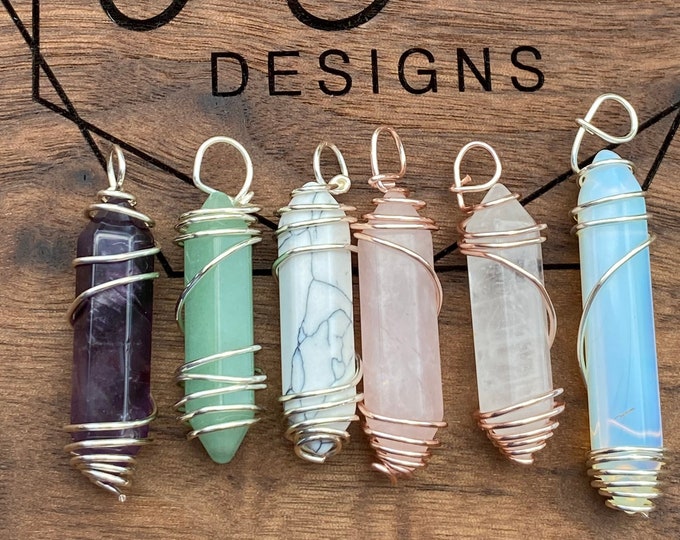 Wire Wrapped Crystal Pendant Necklace, Quartz, Amethyst, Howlite, Opalite, Aventurine, Black Obsidian