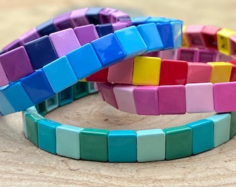 Colorful Tile Beaded Bracelet, Color block Bracelet, Stretch Bracelet, Everyday Bracelet