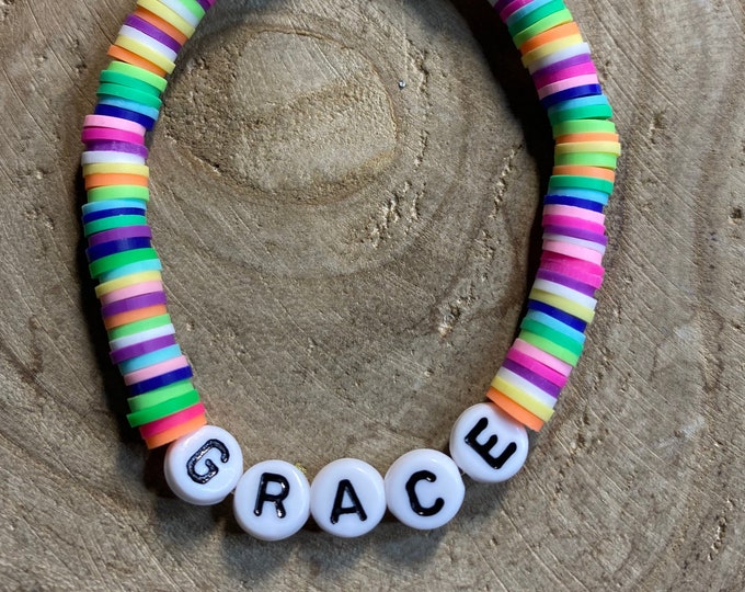 Personalized Colorful Vinyl Disc Name Stretch Bracelet, surfer, Heishi, stacking, gift, handmade, multicolor, beach
