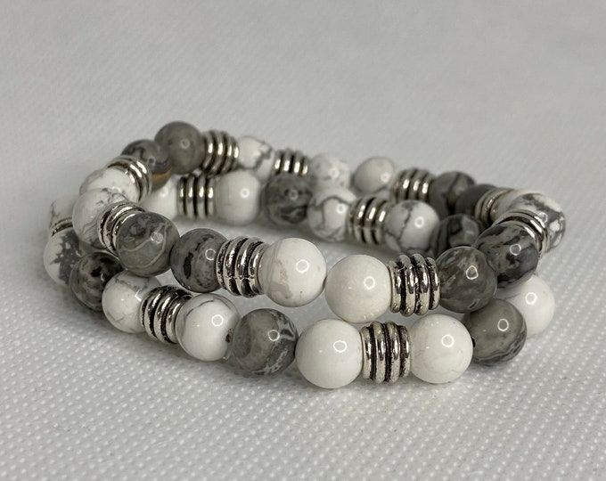 Beaded stacked stretch bracelets 8 & 9 mm Silver Amazonite and Howlite beads stack fun summer handmade