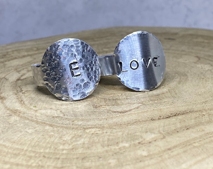 CUSTOM Handstamped Medallion Ring, Personalized Non Tarnish Name Ring, Aluminum Wrap Adjustable Ring, Silver Disc Ring, Round Stamped Ring