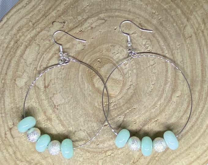 Silver Hoop Earrings with blue stone and silver accents, hoop earrings, dangle earrings