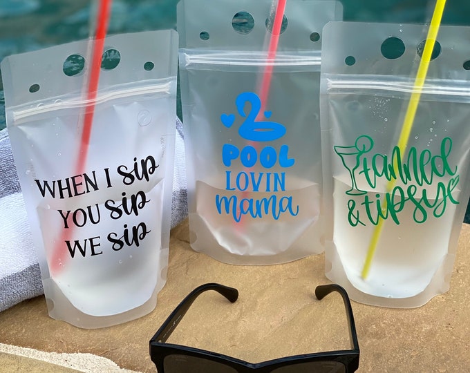 Drink Pouches | Juice Pouches | Alcohol Drink Pouches | Reusable Drink Pouch | Pool Party Cup | Adult Juice Pouch | Party Cups | Beach Life