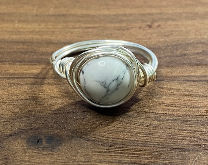 Wire Wrapped  Gemstone Bead Ring, Howlite Beade Ring, Handmade Ring