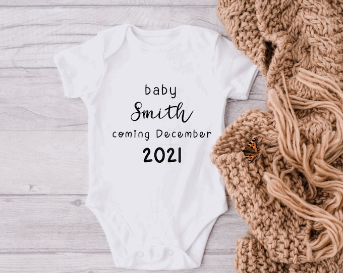 Personalized Last Name Baby Announcement Bodysuit, Pregnancy Announcement, Baby Name Bodysuit, Modern Baby Announcement, Gender Reveal