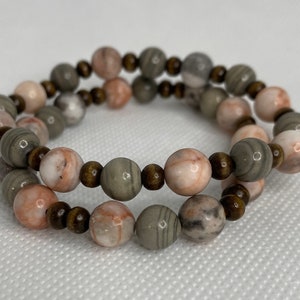 Beaded stacked stretch bracelets 8mm Jasper Agate and Wood beads stacking fun summer handmade