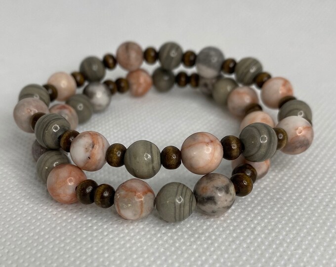 Beaded stacked stretch bracelets 8mm Jasper Agate and Wood beads stacking fun summer handmade