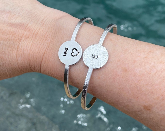 Personalized Cuff Bracelet, Initial Bracelet, Personalized Circle Bracelet, Personalized Medallion Cuff Bracelet, Love Bracelet