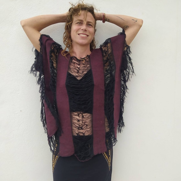 Ethnic Poncho Soft Organic Cotton, Handmade with Loom, Made in Mexico