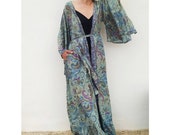 Silk Geometric Print Kimono Robe, Ibiza Boho Style, Fashion Goddess Dress
