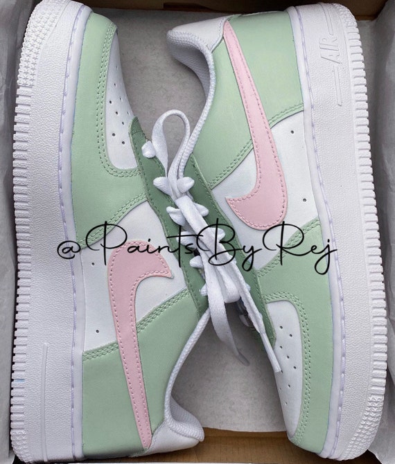 Nike Air Force 1 X Green Colour Block Design Pink Tick - Etsy