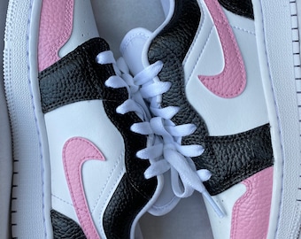 Nike Air Jordan Low X Zwart Roze Kleurblok ontwerp. Verkrijgbaar in Air Force 1.  Pas uw eigen kleuren aan