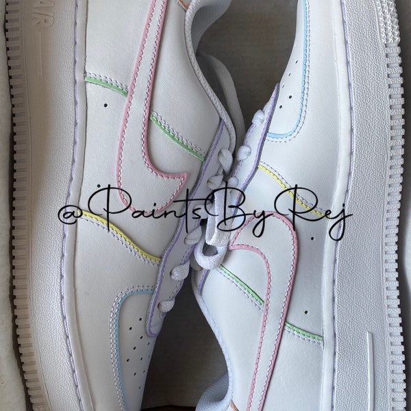 Nike Air Force 1 X Pastel Cartoon Outline “Pink Yellow Blue Green Purple” - (Air Jordan 1), Custom Sneakers. Personalise to your own colours