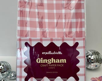 Orange Gingham Craft Paper Pack, 8 Sheets, Cottage Core Journal Supplies