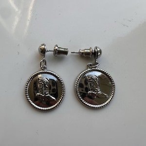 Vintage 90s Silver Tone Cowboy Boot Disc Earring Dangle Post Unmarked Shiny