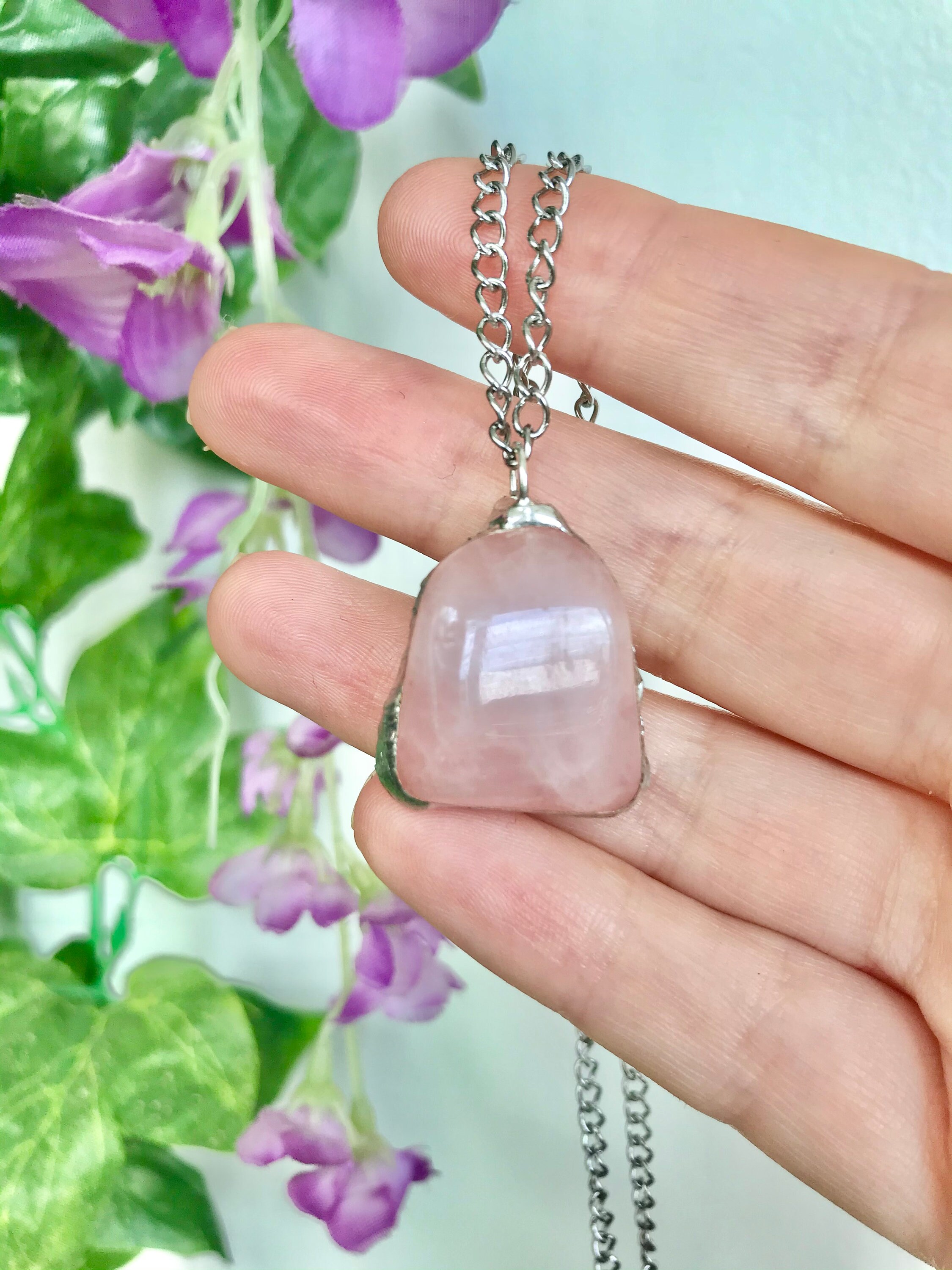 Real Rose Quartz Pendant Necklace Crystal Pendant Rose Etsy
