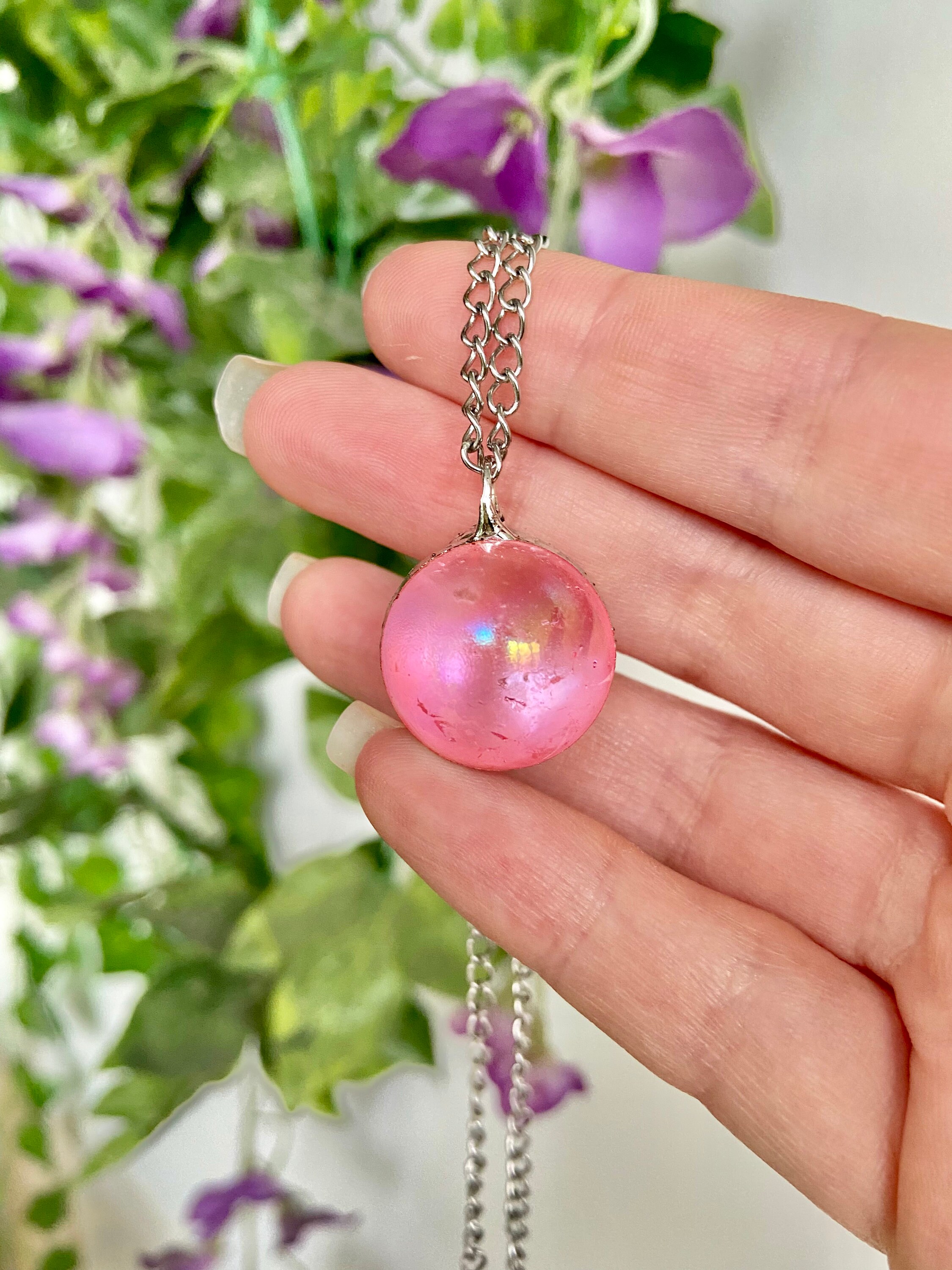 Pink Aura Quartz Sphere Pendant 