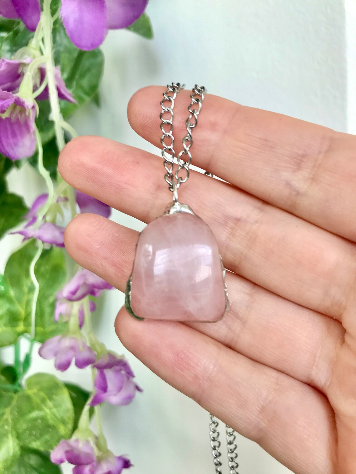 Real Rose Quartz Pendant Necklace Crystal Pendant Rose Etsy