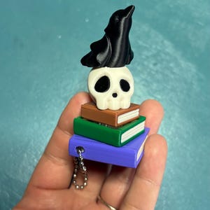 May include: A whimsical keychain featuring a black raven perched atop a white skull, stacked on three miniature books in brown, green, and purple. The keychain has a silver chain and is set against a teal background.