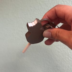 Puede incluir: Un llavero marr&oacute;n con forma de paleta con una mordida, que revela un interior blanco. El llavero est&aacute; unido a un llavero plateado. La paleta est&aacute; sobre un palo marr&oacute;n claro.