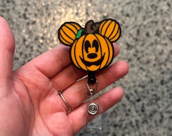 Mickey Pumpkin badge reel, Halloween badge, Fall