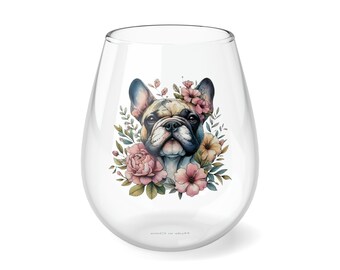 Floral Frenchie Stemless Wine Glass